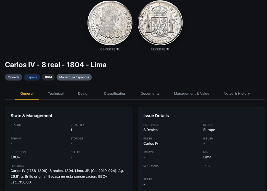 NumisManagerPro Detailed Coin Record