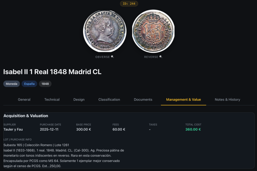 NumisManagerPro Purchase and Acquisition Management